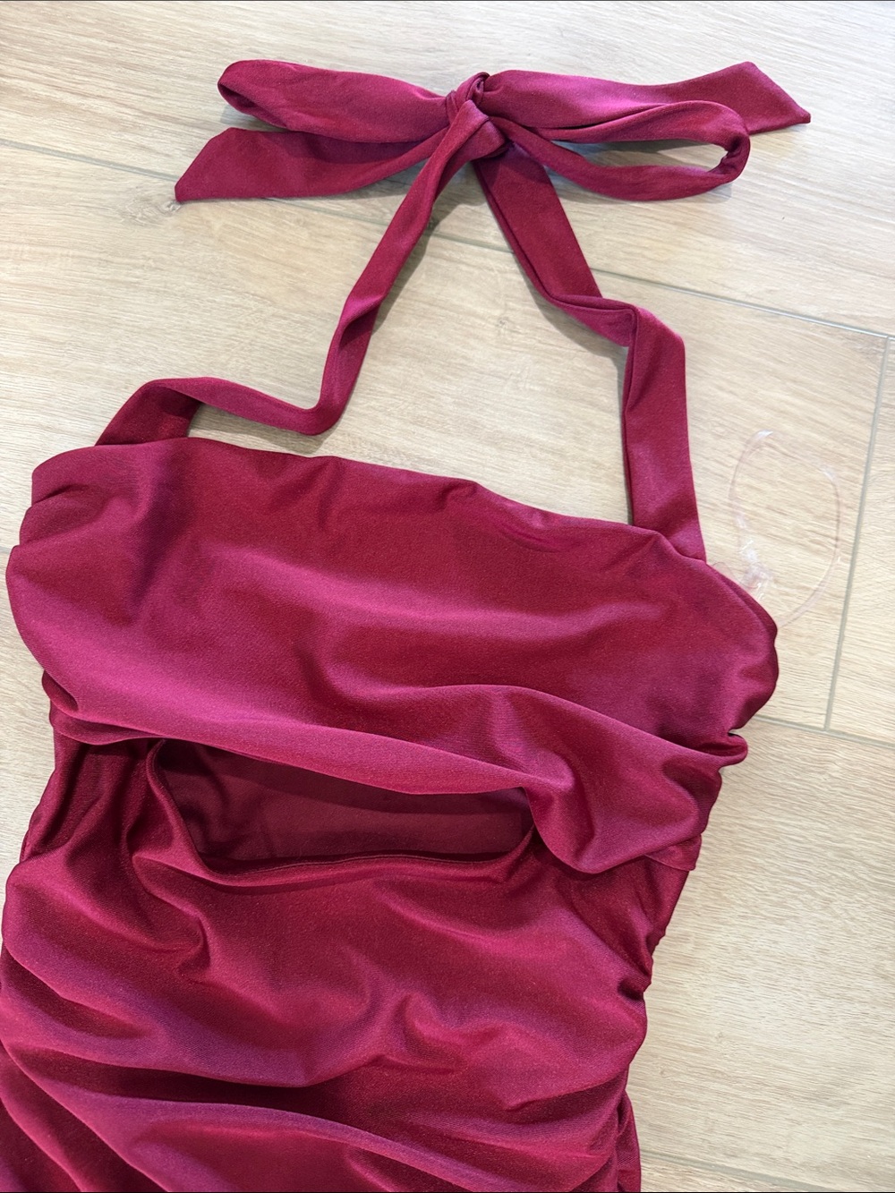 Windsor Halter Ruched Mini Dress in Deep Burgundy with front opening small - Picture 2 of 5